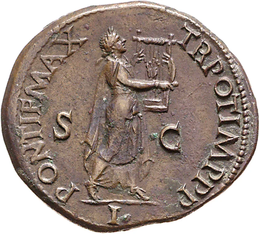 Bronze coin of Nero: a robed figure playing the kithara, with the letters S and C either side