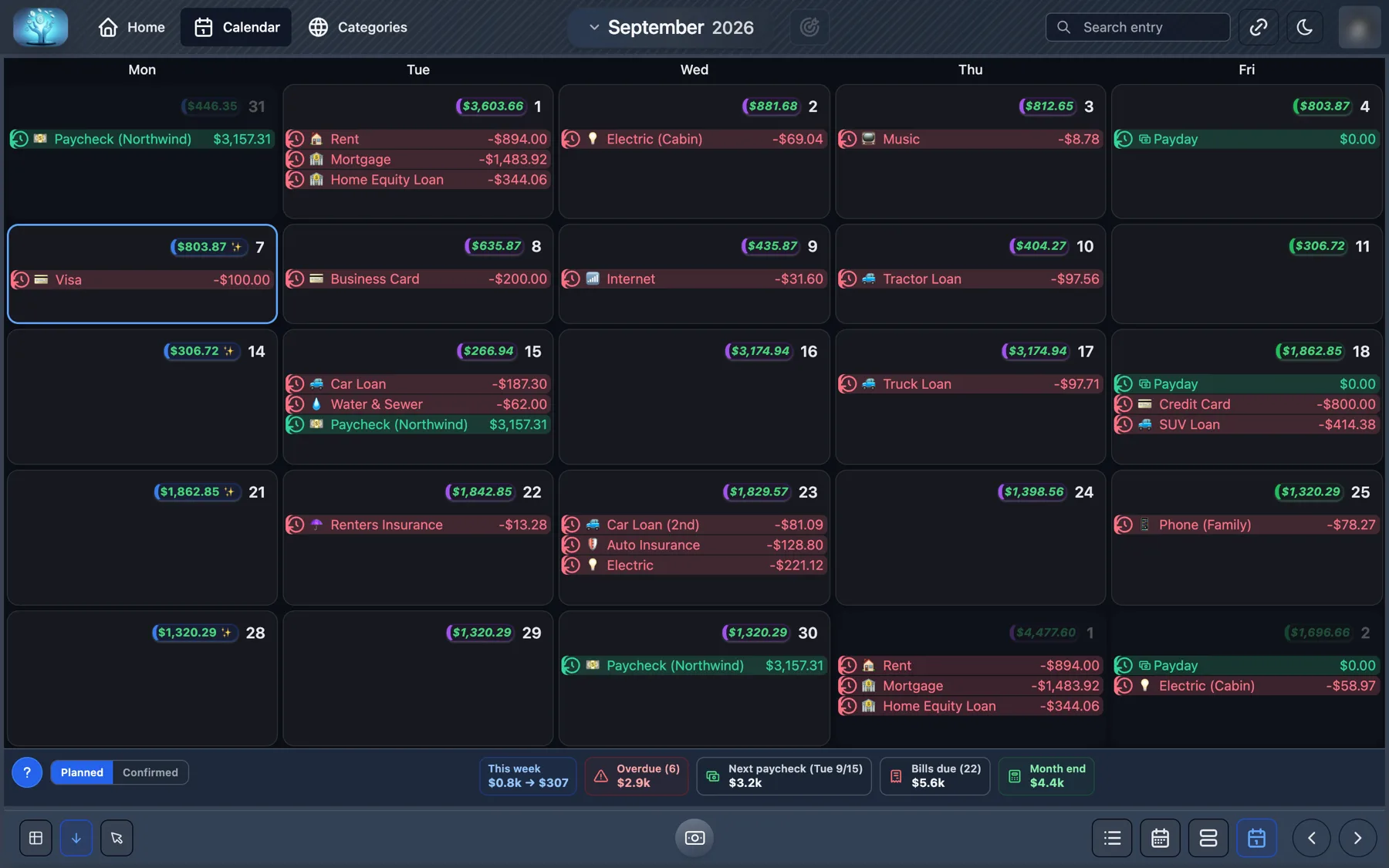 The Fudger month view: a calendar grid with a running balance on every day and colour-coded income and expense entries.