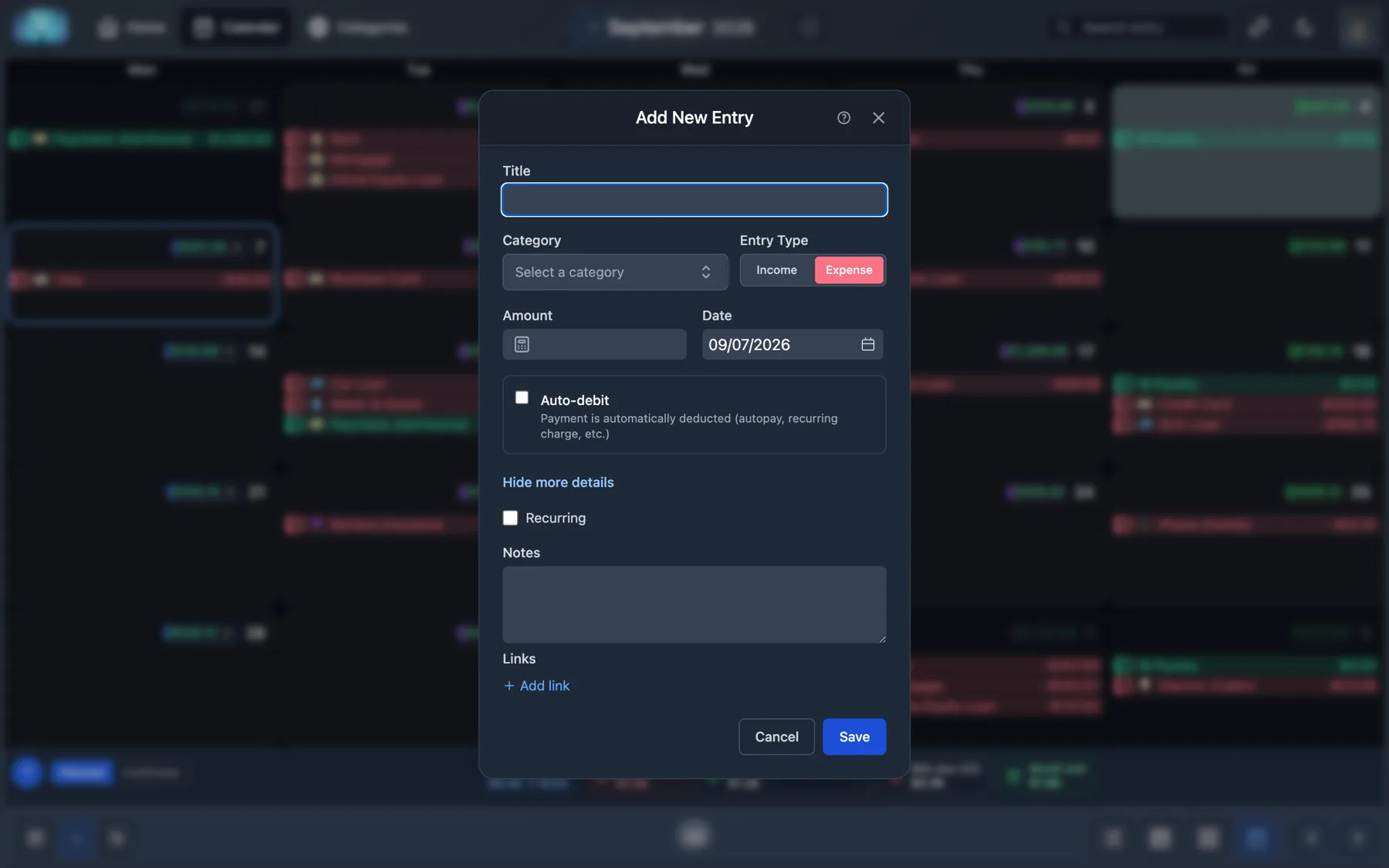 The Fudger add-entry dialog: title, category, entry type, amount, date, an auto-debit toggle and a recurring option.